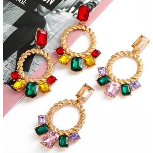 New Colorful Rhinestone Hoop Dangle Earrings Square Crystal Drop Earring Luxury Ear Ring Jewelry Accessories for Women Wholesale