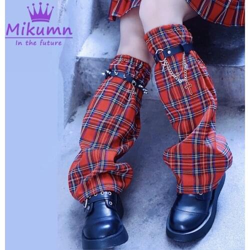 Japanese Harajuku Girls Metal Rivets Cross Chain Vintage Red Plaid Leg Warmer Socks Women Punk Streetwear Fashion Foot Cover