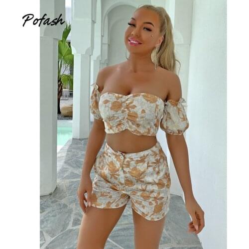 Pofash Print Ruffle Two Pieces Outfits Women Puff Sleeves Crop Top And Shorts Backless Strapless Sexy Summer 2 Pieces Sets 2021