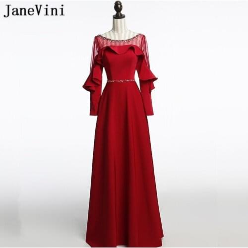 JaneVini Sexy Long Sleeve Ladies Prom Dresses for Wedding Party Sheer Neck Beaded Satin Long Bridesmaids Dresses Lace-Up Back