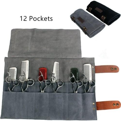 Real Leather Hair Stylist Professional Barber Scissor Pouch Cases Salon Hairdresser Scissors Tool Holster Folding Bag 12 Pockets