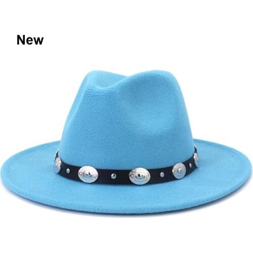 British Style Metal Belt Vintage Top Hat Lady Jazz Panama Woollen Fedora Hats Women Men Wide Brim Cowboy Hat Caps