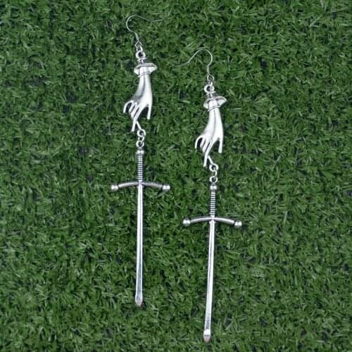 Victoria Silver Sword Hand Earrings Gothic Mysterious Vintage Jewelry
