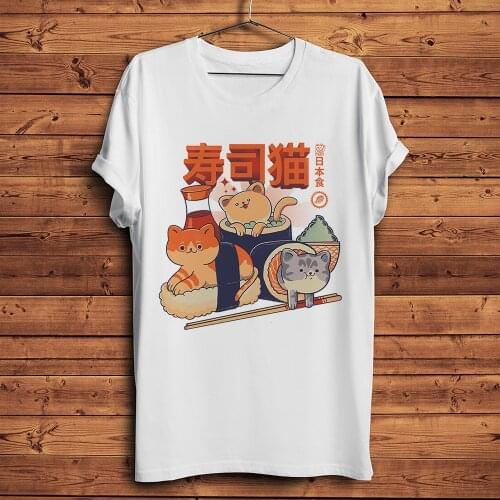 Japan cuisine kawaii cats sushi funny t shirt men summer new white casual homme cool tshirt cute cat streetwear tee