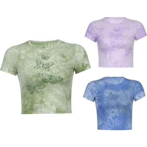 Women Summer Short Sleeve O-Neck T-Shirt Harajuku Gradient Glitter Butterfly Print Crop Top Casual Slim Fit Pullover Tee