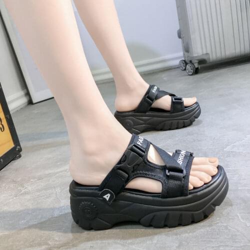 Summer 2021 Women Leather Weave Slippers Platform Wedges Thick Sole Black Beach Outdoor Slides Casual Sexy Sandals Ladies Shoes