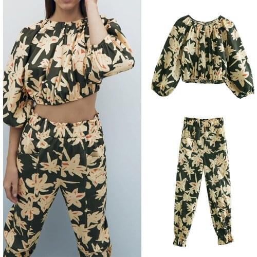Women Casual Suits Za Fashion 2021 Floral Print Elastic Trim Short Ladies Blouse and High Waist Pants Vintage Women Sets