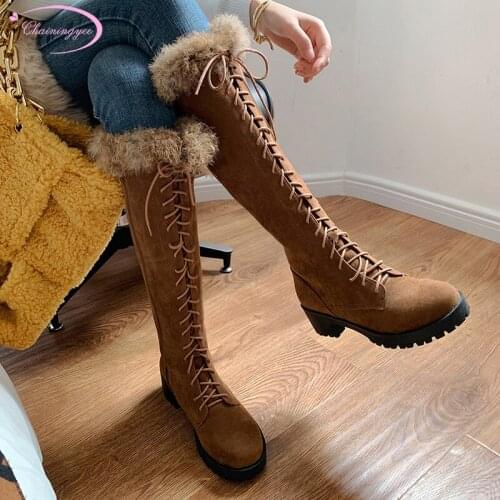 Party style rabbit hair round toe knee high boots fashion platform lace-up zipper medium heel thick riding boots womens shoes