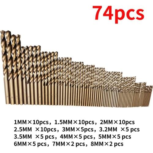 74pcs HSS CO/M35 Twist Drill Bits 1/1.5/2/2.5/3/3.2/3.5/4/5/6/7/8mm Practical Twist Drill Bit Set For Cutting Drilling