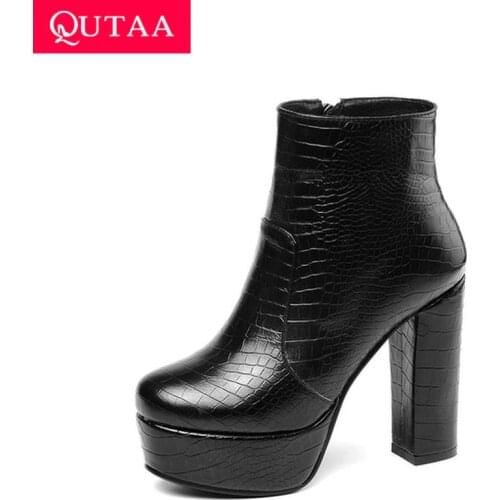QUTAA 2020 Platform PU Leather Ankle Boots Round Toe Warm Fur Winter Women Shoes Zipper Square High Heel Short Boots Size 34-43