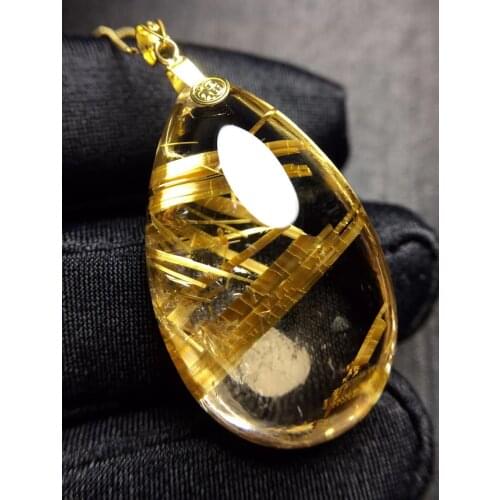 Brazil Natural Yellow Gold Rutilated Quartz Pendant Brazil 33.4*21*13mm Wealthy Water Drop Women Jewelry 18K Gold AAAAAA