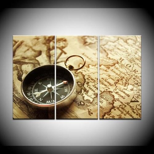 Free shipping Frame 3 Panels HD Canvas Print Painting world map compass Modern Canvas Art Picture Wall Home Decor Artwork