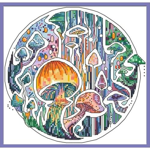 Colorful Mushroom Cross Stitch Embroidery Complete Kit Printed Canvas Needlework Sets 11CT 14CT Diy Handmade Home Decor Painting