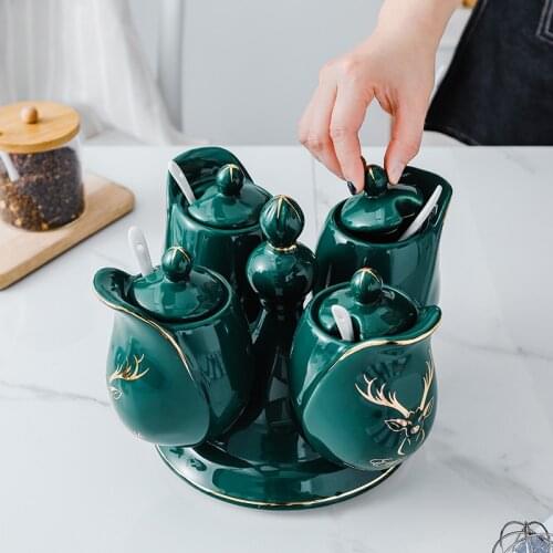 Nordic Creative Luxury Green Ceramic Seasoning Jar Kitchen Storage Supplies Household Spice Storage Jar Hotel Service Tray