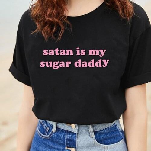 Hahayule-JBH Summer Fashion Top Tee Satan Is My Sugar Daddy Tumblr Girls Shirt Aesthetic Clothing Sugar Baby Tops Kawaii T Shirt
