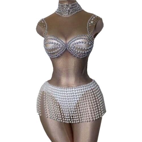 New Rhinestones Pearls Fringes Bodysuit Sleeveless Sexy Nude Dance Leotard Costume Performance Party Celebrate Stage Show Wear