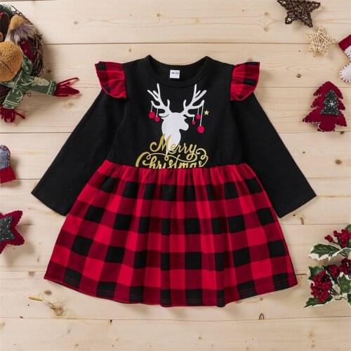 Girls Christmas Dress Autumn Long Sleeve Cartoon Deer Pattern Plaid Dresses Children Clothes 1-6 Years Old