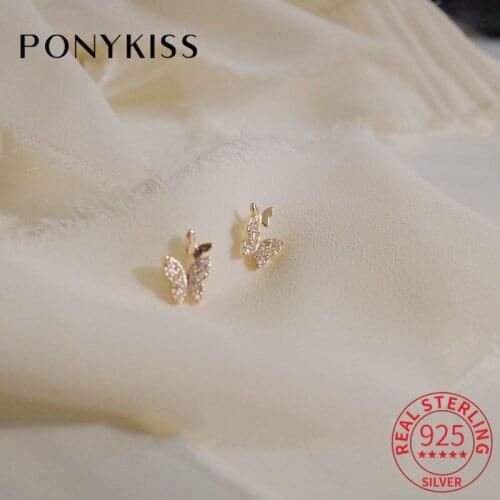 PONYKISS Trendy 100% S925 Sterling Silver Butterfly Zircon Stud Earrings for Women Party Fine Jewlry Elegant Accessory Gift