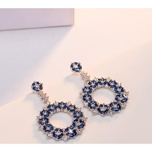 European and American new designer brand new fashion luxury sunflower blue cubic zirconia silver needle wedding dangle earrings
