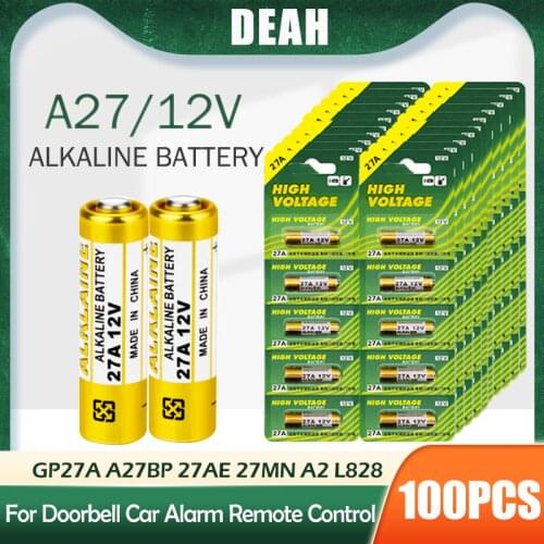 100PCS Alkaline Battery 12V A27 27A MN27 MS27 GP27A L828 V27GA ALK27A A27BP K27A VR27 R27A For Alarm Remote Control Doorbell Toy