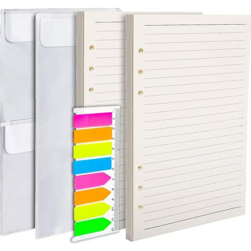 2 Pack A5 Refill Paper & 2 Pieces A5 Loose-Leaf Zipper Pockets,1 Pack Index Tabs with Ruler for 6-Ring Binder Journal Notebooks