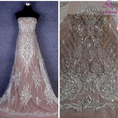 La Belleza 2021 fashion bridal lace,high patterns beading lace fabric,silver beading wedding dress lace fabric 51'' width 1 yard