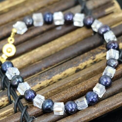 Bohemia Style New Fashion Black Natural 7-8mm Pearl Square Crystal Beads Strand Beaded Bracelets Charming Jewelry 7.5inch B2965