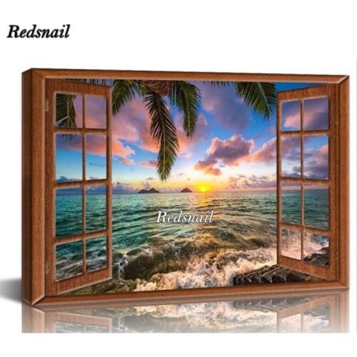 Diamond Painting Square Round Drill Window Frame Style Beautiful Lanikai Beach Hawaii Sunrise Picture Daimond Embroidery EE084