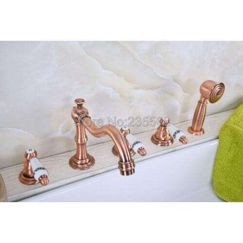 Antique Red Copper Roman Bathtub Mixer Faucet Set w/ Handheld Shower 5 Holes Tap Deck Mounted lna225