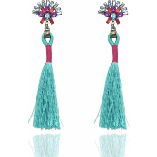 Bohemian Crystal Tassel Earrings Black White Blue Red Pink Silk Fabric Long Drop Dangle Tassel Earrings For Women Jewelry