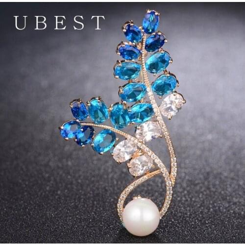 UBEST Luxury Blue Crystal Leaves Flowers Wedding Banquet Brooches For Women And Men New Years Jewelry Gifts