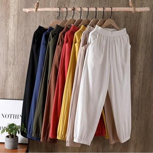 Summer Pants Women New Autumn Casual Pants Slim High-Elastic Waist Cotton Linen Solid Pants Plus Size M-5XL 6XL 7XL