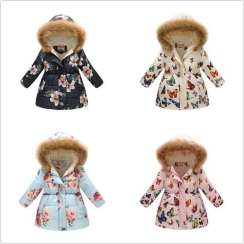 2019 Winter Girls Down Jackets Fleece Children Coat Hooded Outfits Flower Baby Girl Outerwear Clothes Kids Overcoat Windbreaker