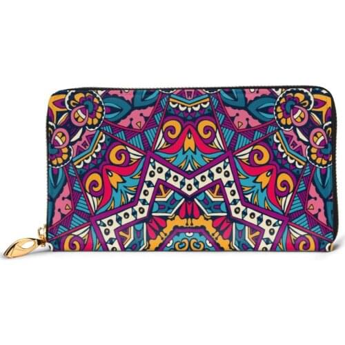 Long Clutch Wallet Tribal Floral Mandala Trippy Flower Large Capacity Leather Purse Zipper Pocket Card Holder for Woman Man