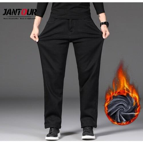 Winter Jeans Men Cotton High Quality Thick Fleece Loose Straight Warm Elastic Denim Black Pants mens Big Size 30-42 44