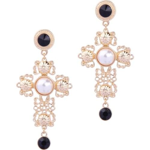 Jouval Fashion Large Gold Cross Drop Earrings For Women Crystal Pearl Hollow Flower Long Dangle Earings Vintage Baroque Jewelry