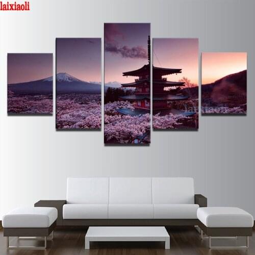 Full square drill sakura DIY diamond painting flower Cross Stitch diamond embroidery sale Mount Fuji picture of Rhinestone 5pcs