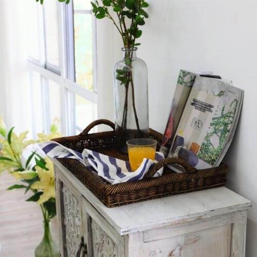 Storage tray American vintage handmade rattan large tray square desktop storage basket