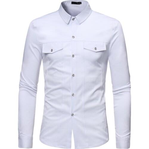 Double Pocket White Men Shirt 2020 Brand New Slim Fit Long Sleeve Mens Drss Shirts Casual Button Down Male Social Shirt Camisas