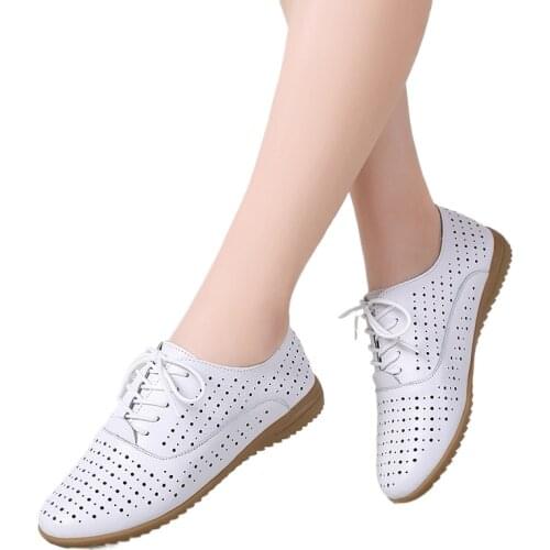 Flats Summer Women Shoes Casual Fashion Genuine Leather Hollow Out Cowhide Breathable Antiskid Light Soft Comfort Trend Lace Up