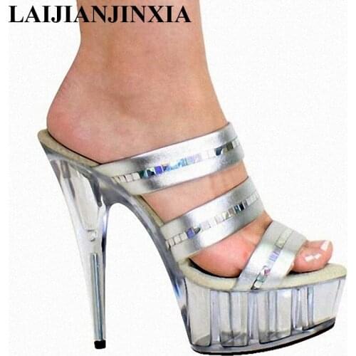 New 15 cm The bag is black sequined crystal sex shoes, super high heels banquet dance shoes