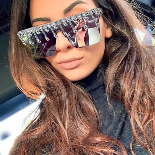 Trendy Diamond Square Oversized Sunglasses Women Crystal Drip Hot Fashion Flat Top Sunglasses Mirror Shades Feast Party Eyewear