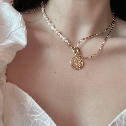 Coin Pendant Baroque Irregular Pearl Necklace for Women Vintage Flower Pattern Charm Necklace Female Fashion Jewelry Accessories