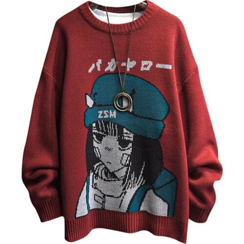 Couple Cartoon Print Sweater Japanese Knitting Pullovers Round Neck Loose Casual Lazy Autumn Winter Knitted Pullover Sweater