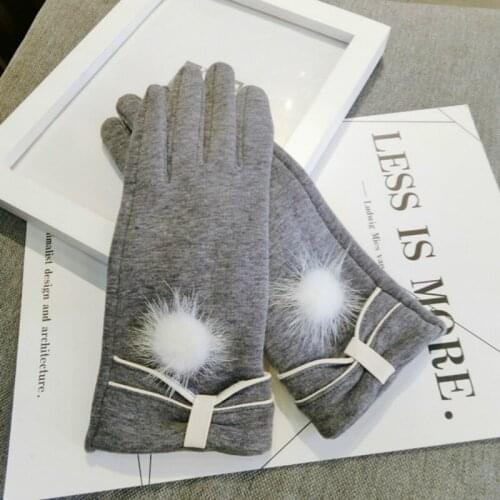 Korean White hair ball touch screen five fingers thick gloves cute warm women winter autumn spring gloves mittens