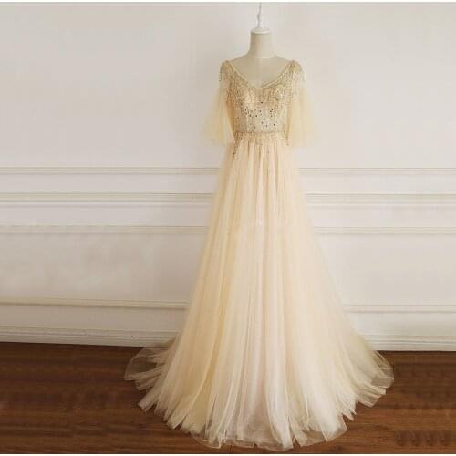 Gardenwed Gold Champagne Evening Dress 2020 de gala Beading Fluttering Simple Lady Wear abiye A line Formal Dress abendkleider