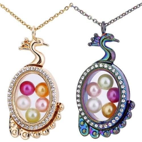 Peacock Pendant Necklace Glass Locket 50cm Steel Chain Necklace Pearl Cage Pendant for 8mm Pearl