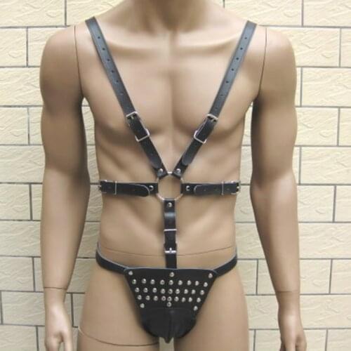 Adjustable PU Leather Catsuit for Men Male Chastity Belt Fetish Bondage Restraints Body Harness Costumes for Men Sexy Lingerie