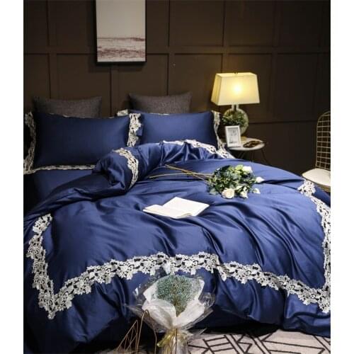 Luxury Lace 100S Egyptian cotton Royal Bedding sets Queen King size Duvet cover Bed sheet set Pillowcase 4pcs Dark blue white