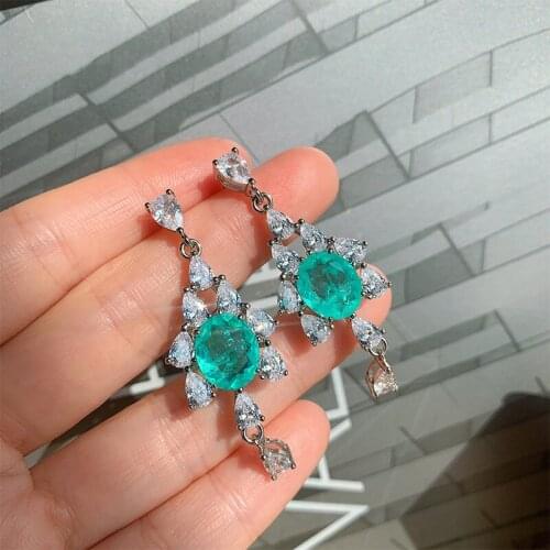 QTT 925 Sterling Silver Hoop Earring With Created Emerald Gemstone Paraiba Tourmaline Earrings Luxury Wedding Jewerlry for Women